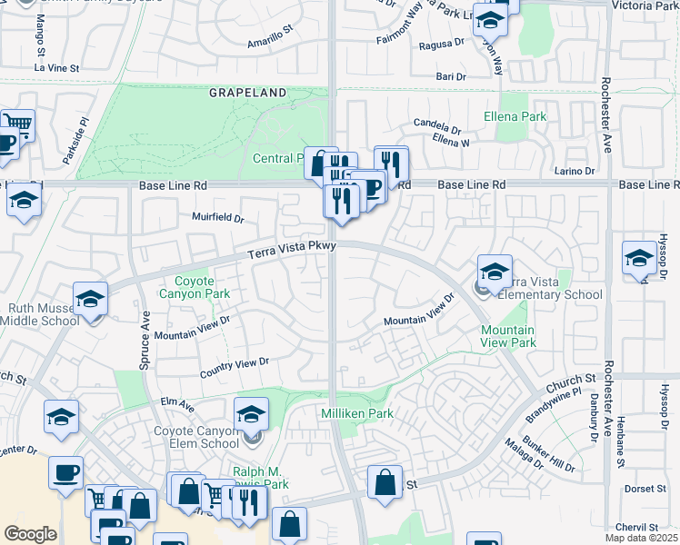 map of restaurants, bars, coffee shops, grocery stores, and more near 11318 Fitzpatrick Drive in Rancho Cucamonga