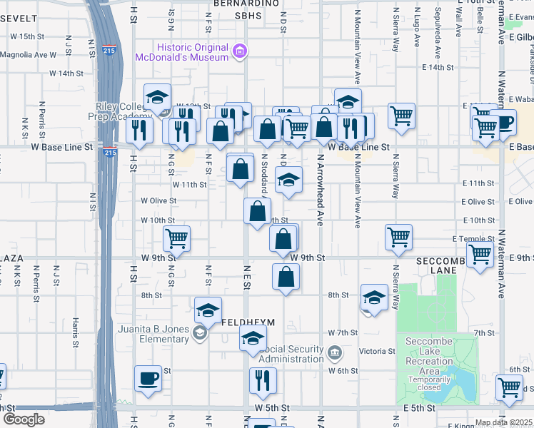 map of restaurants, bars, coffee shops, grocery stores, and more near 442 West 10th Street in San Bernardino
