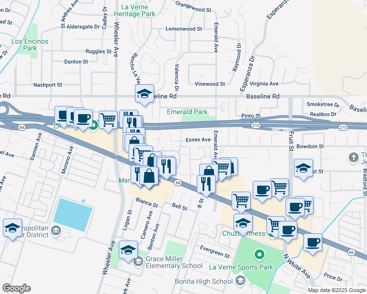 map of restaurants, bars, coffee shops, grocery stores, and more near 3916 Turquoise Lane in La Verne