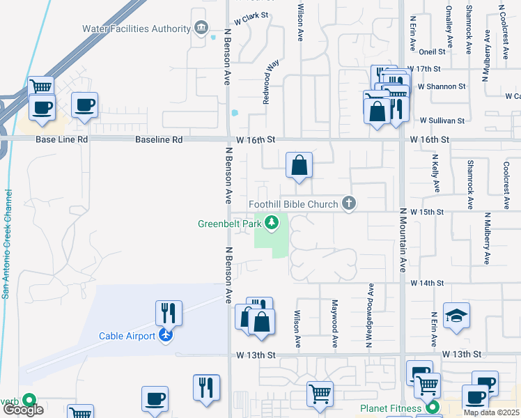 map of restaurants, bars, coffee shops, grocery stores, and more near 1504 Granada Road in Upland