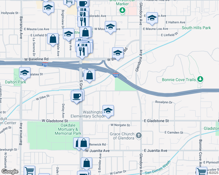 map of restaurants, bars, coffee shops, grocery stores, and more near 333 West Dawson Avenue in Glendora