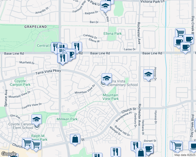 map of restaurants, bars, coffee shops, grocery stores, and more near in Rancho Cucamonga