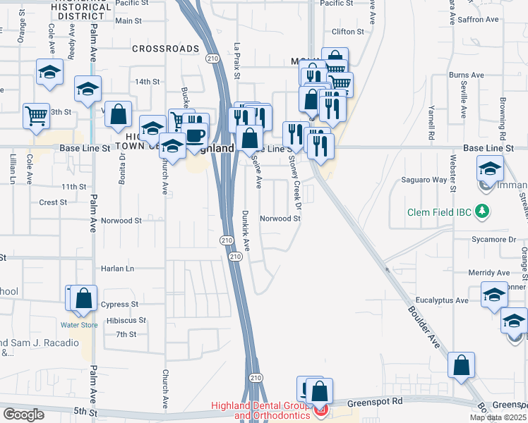 map of restaurants, bars, coffee shops, grocery stores, and more near 27781 Norwood Street in Highland