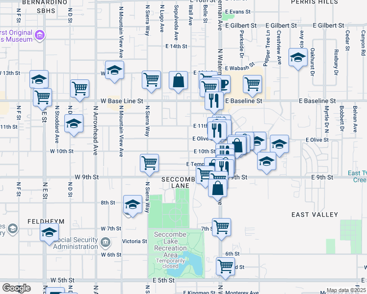map of restaurants, bars, coffee shops, grocery stores, and more near 217 East 10th Street in San Bernardino
