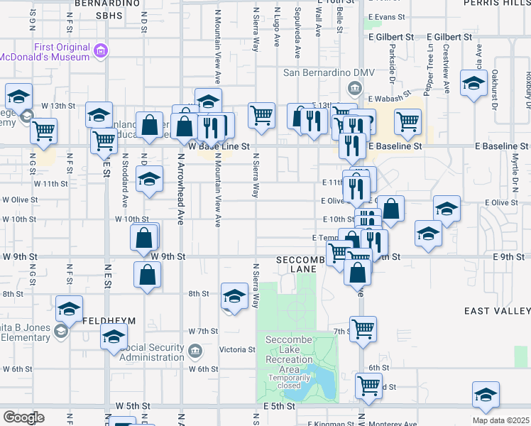 map of restaurants, bars, coffee shops, grocery stores, and more near 107 East 10th Street in San Bernardino