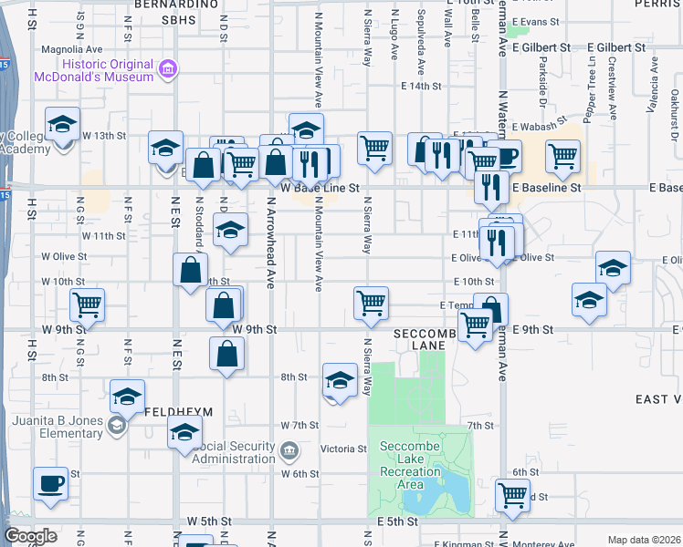 map of restaurants, bars, coffee shops, grocery stores, and more near 159 West 10th Street in San Bernardino