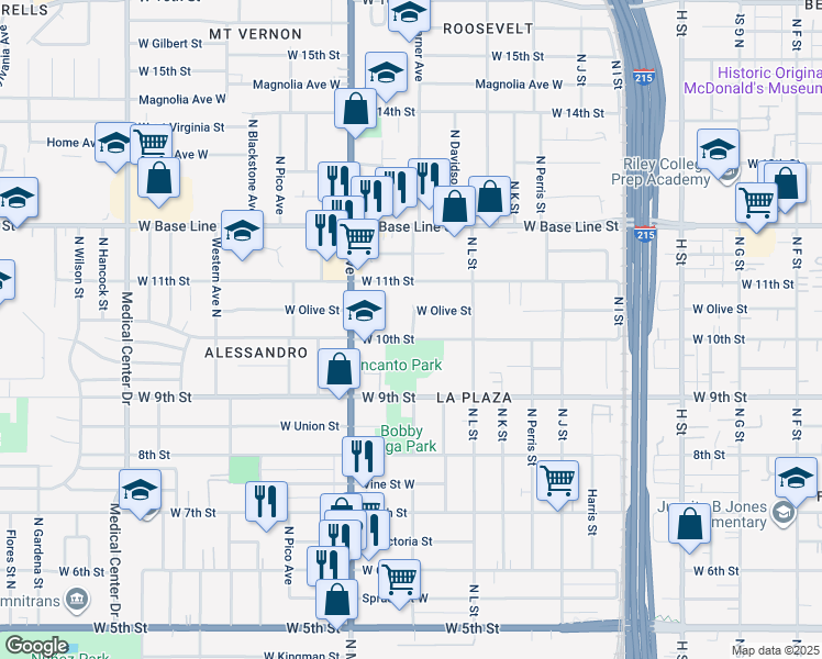 map of restaurants, bars, coffee shops, grocery stores, and more near 1224 West 10th Street in San Bernardino