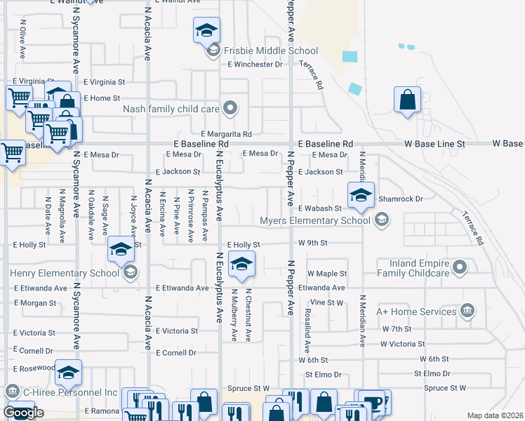 map of restaurants, bars, coffee shops, grocery stores, and more near 1027 North Ash Avenue in Rialto