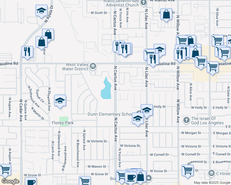 map of restaurants, bars, coffee shops, grocery stores, and more near 1008 North Yucca Avenue in Rialto