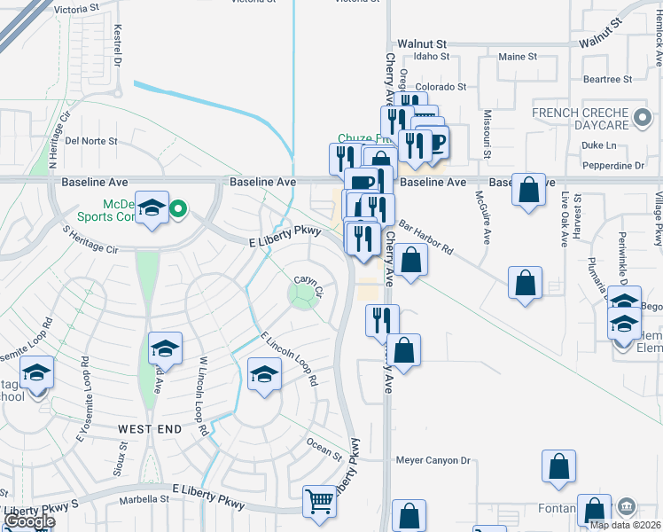 map of restaurants, bars, coffee shops, grocery stores, and more near 14336 Caryn Circle in Fontana