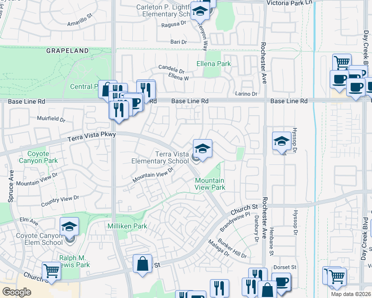 map of restaurants, bars, coffee shops, grocery stores, and more near 7497 Mountain View Drive South in Rancho Cucamonga