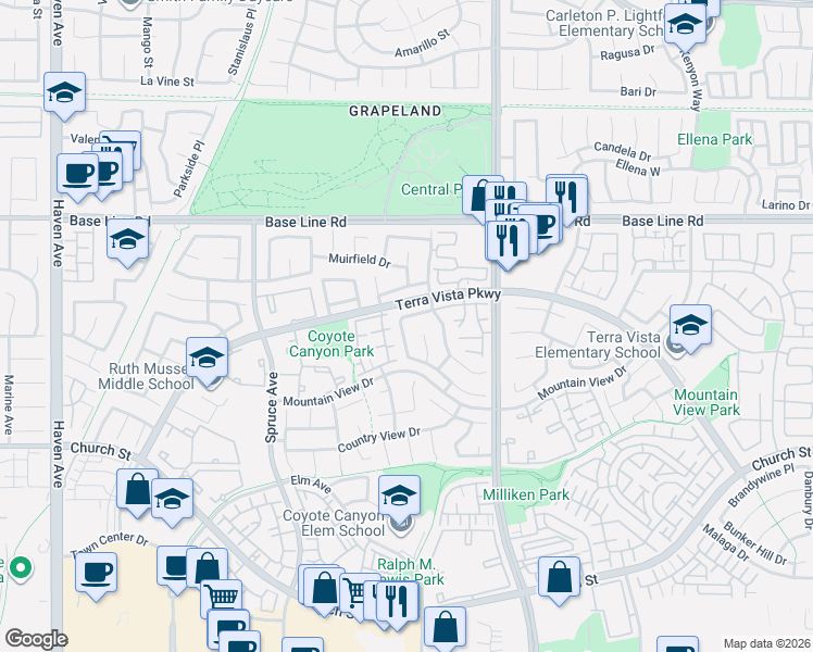 map of restaurants, bars, coffee shops, grocery stores, and more near 7536 Marmande Place in Rancho Cucamonga