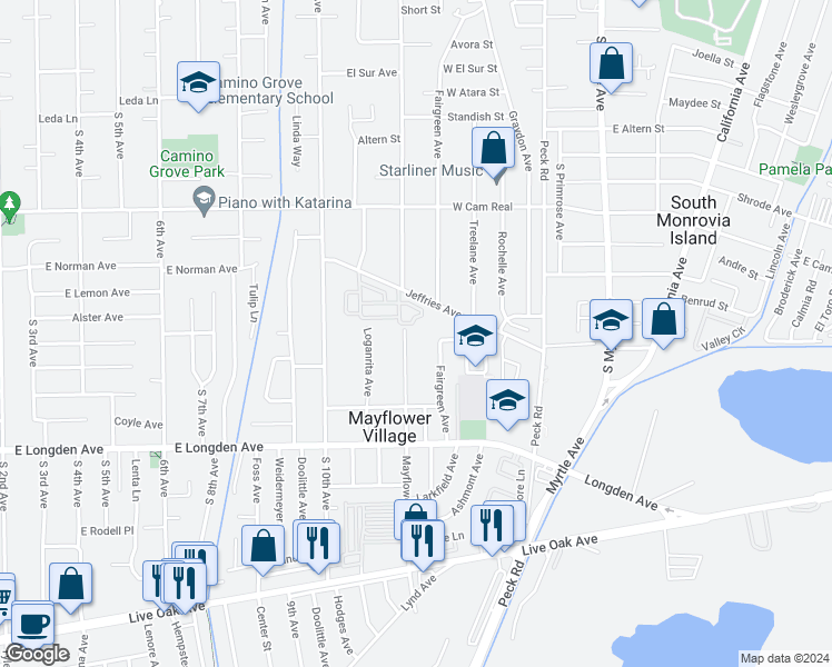 map of restaurants, bars, coffee shops, grocery stores, and more near 2565 Mayflower Avenue in Arcadia