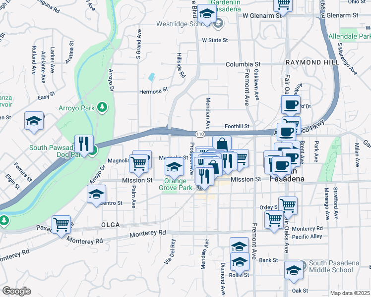 map of restaurants, bars, coffee shops, grocery stores, and more near 820 Magnolia Street in South Pasadena