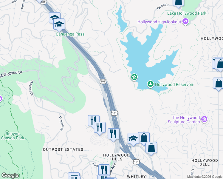 map of restaurants, bars, coffee shops, grocery stores, and more near 2700 Cahuenga Boulevard East in Los Angeles