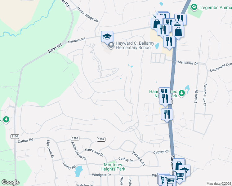 map of restaurants, bars, coffee shops, grocery stores, and more near 6079 Willow Glen Drive in Wilmington