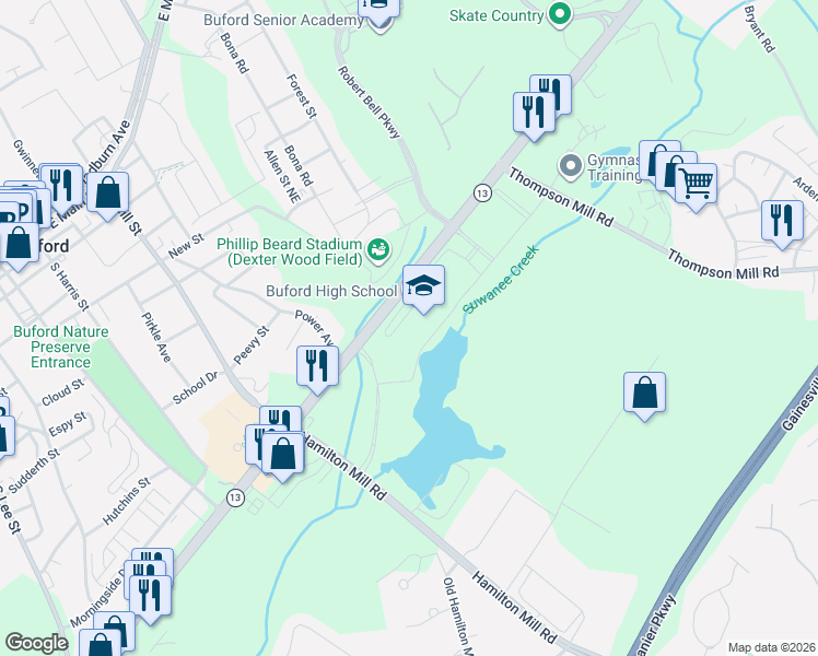 map of restaurants, bars, coffee shops, grocery stores, and more near 2251-2449 Buford Highway Northeast in Buford