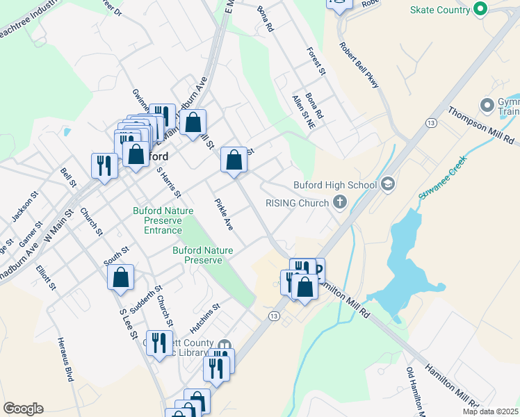map of restaurants, bars, coffee shops, grocery stores, and more near 500 South Hill Street in Buford