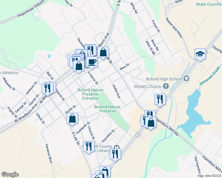 map of restaurants, bars, coffee shops, grocery stores, and more near 401 Pirkle Avenue in Buford