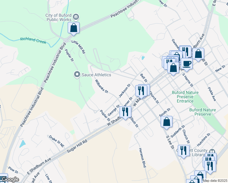 map of restaurants, bars, coffee shops, grocery stores, and more near 140 Wilbanks Street in Buford