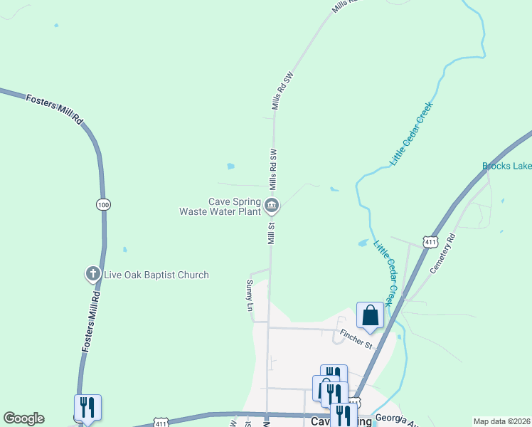 map of restaurants, bars, coffee shops, grocery stores, and more near 100 Mills Road Southwest in Cave Spring