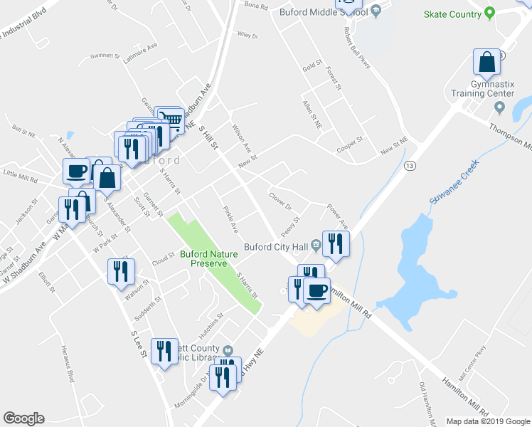 map of restaurants, bars, coffee shops, grocery stores, and more near 500 South Hill Street in Buford