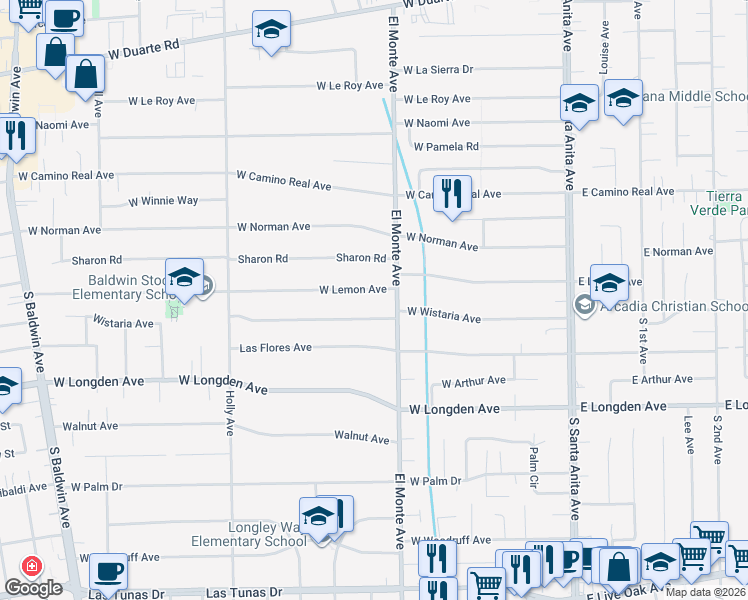 map of restaurants, bars, coffee shops, grocery stores, and more near 220 West Lemon Avenue in Arcadia