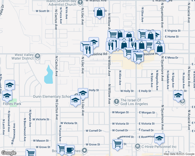 map of restaurants, bars, coffee shops, grocery stores, and more near 1018 North Millard Avenue in Rialto