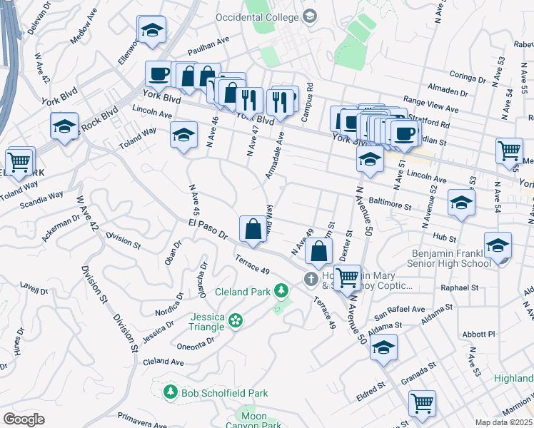 map of restaurants, bars, coffee shops, grocery stores, and more near 4824 Toland Way in Los Angeles