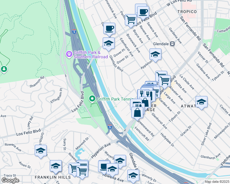 map of restaurants, bars, coffee shops, grocery stores, and more near 3766 Valleybrink Road in Los Angeles
