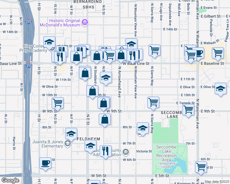 map of restaurants, bars, coffee shops, grocery stores, and more near 355 West 10th Street in San Bernardino