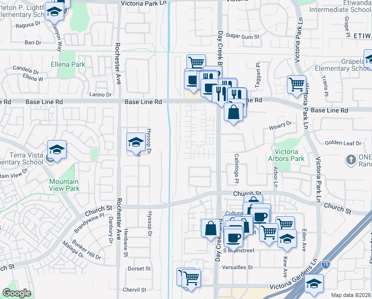 map of restaurants, bars, coffee shops, grocery stores, and more near 12167 Stardust Drive in Rancho Cucamonga