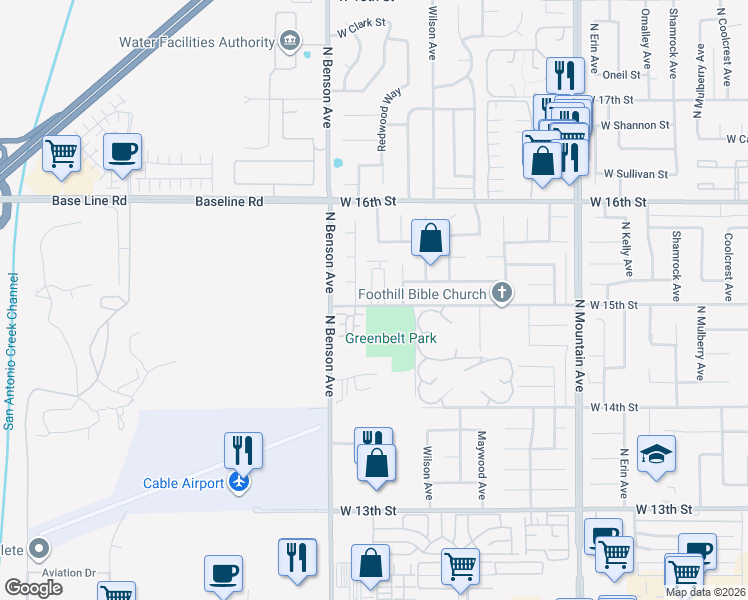 map of restaurants, bars, coffee shops, grocery stores, and more near 1504 Granada Road in Upland