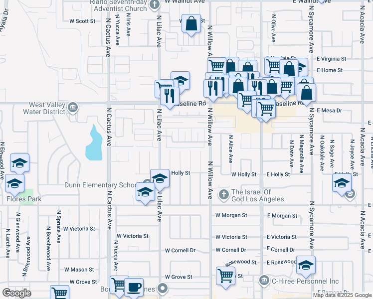 map of restaurants, bars, coffee shops, grocery stores, and more near 1018 North Millard Avenue in Rialto
