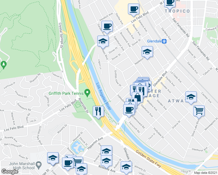 map of restaurants, bars, coffee shops, grocery stores, and more near 3766 Valleybrink Road in Los Angeles