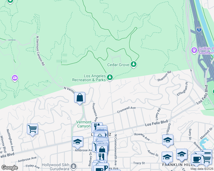 map of restaurants, bars, coffee shops, grocery stores, and more near 2633 North Commonwealth Avenue in Los Angeles