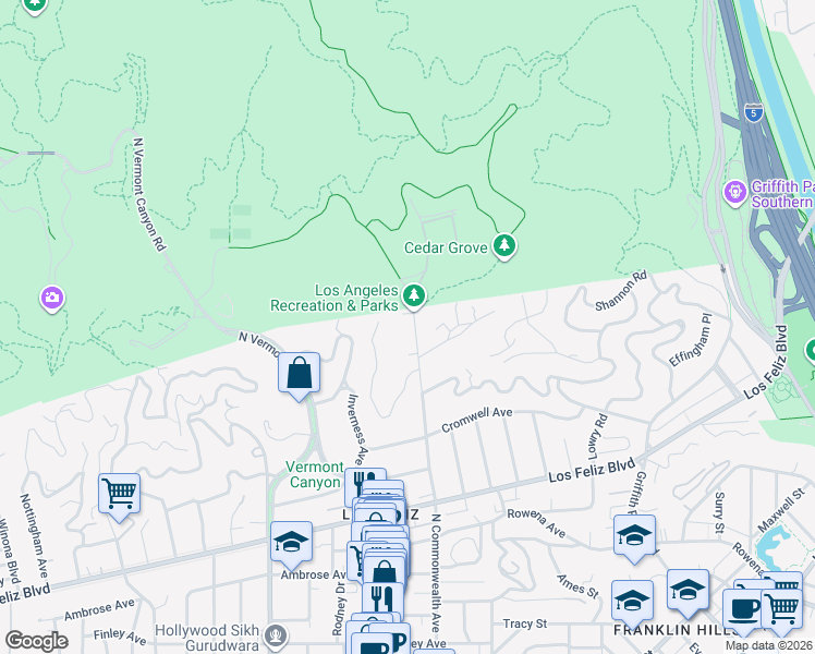 map of restaurants, bars, coffee shops, grocery stores, and more near 4575 Dundee Drive in Los Angeles