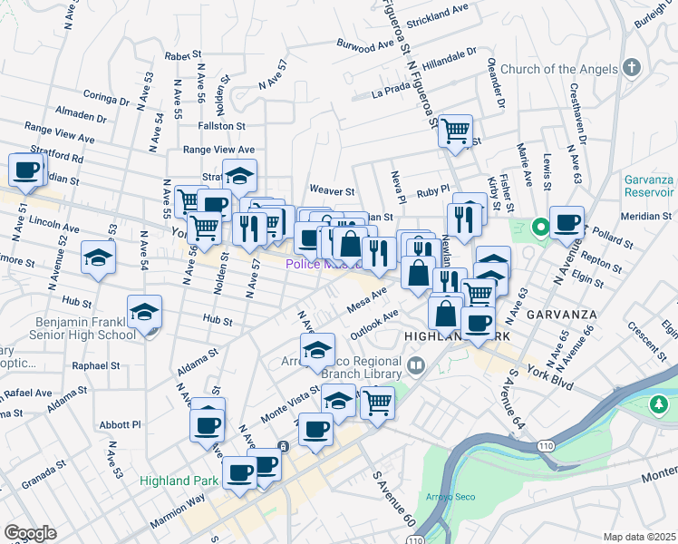 map of restaurants, bars, coffee shops, grocery stores, and more near 6176 Aldama Street in Los Angeles