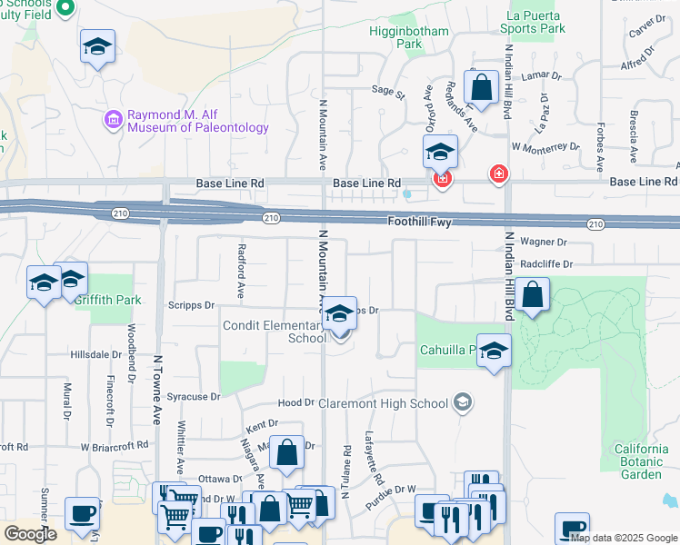 map of restaurants, bars, coffee shops, grocery stores, and more near 1901 Morgan Avenue in Claremont