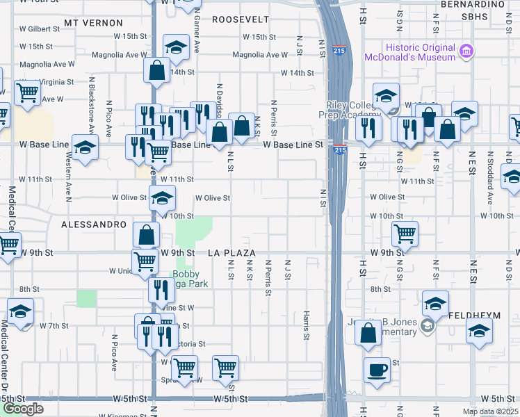 map of restaurants, bars, coffee shops, grocery stores, and more near 1054 West 10th Street in San Bernardino