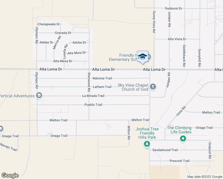 map of restaurants, bars, coffee shops, grocery stores, and more near 60649 Latham Trail in Joshua Tree