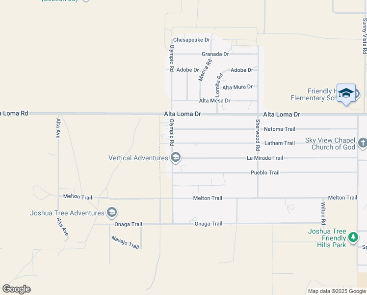 map of restaurants, bars, coffee shops, grocery stores, and more near 60205 Latham Trail in Joshua Tree