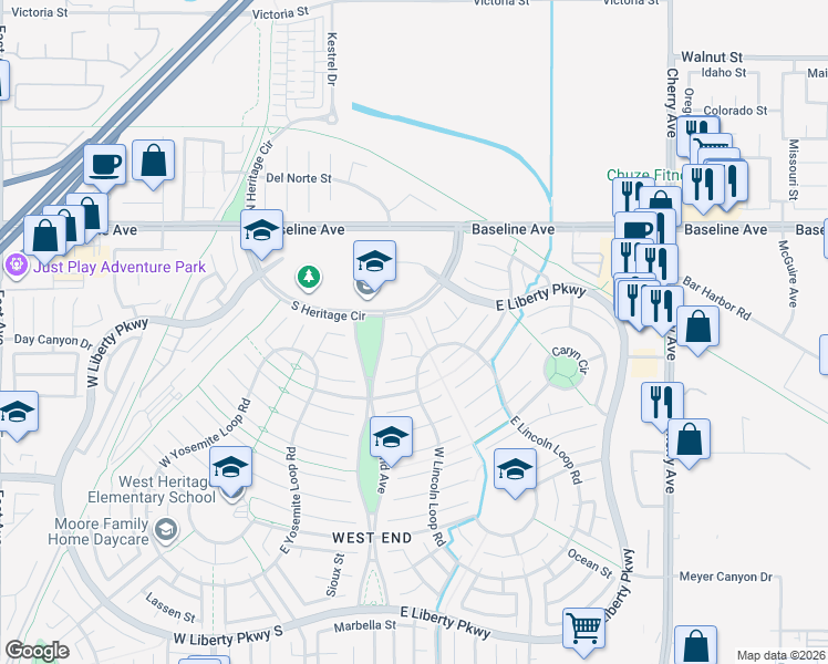 map of restaurants, bars, coffee shops, grocery stores, and more near 7482 Cambridge Street in Fontana