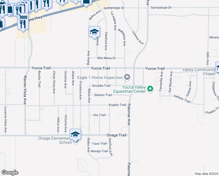 map of restaurants, bars, coffee shops, grocery stores, and more near 58277 Arcadia Trail in Yucca Valley
