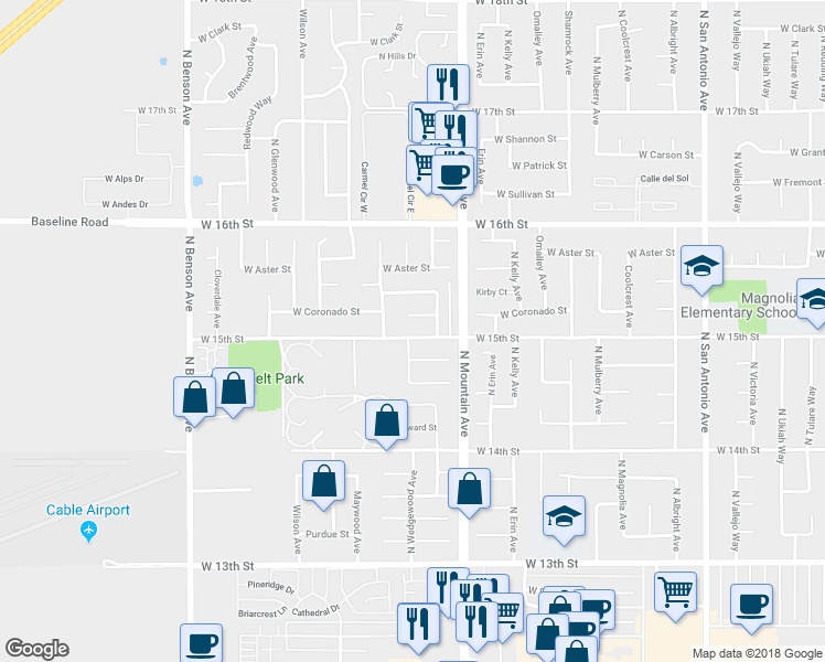 map of restaurants, bars, coffee shops, grocery stores, and more near 1269 West 15th Street in Upland