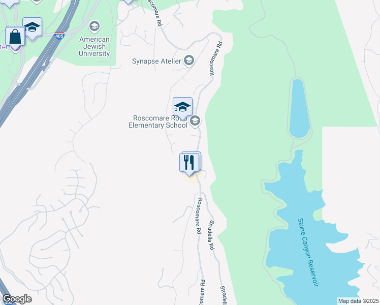map of restaurants, bars, coffee shops, grocery stores, and more near 2385 Roscomare Road in Los Angeles