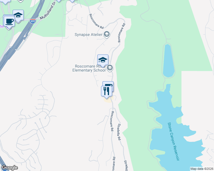 map of restaurants, bars, coffee shops, grocery stores, and more near 2354 Roscomare Road in Los Angeles