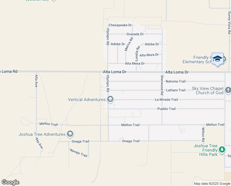 map of restaurants, bars, coffee shops, grocery stores, and more near 60205 Latham Trail in Joshua Tree