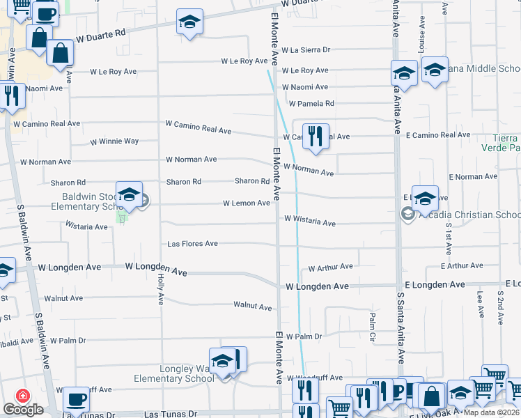 map of restaurants, bars, coffee shops, grocery stores, and more near 220 West Lemon Avenue in Arcadia