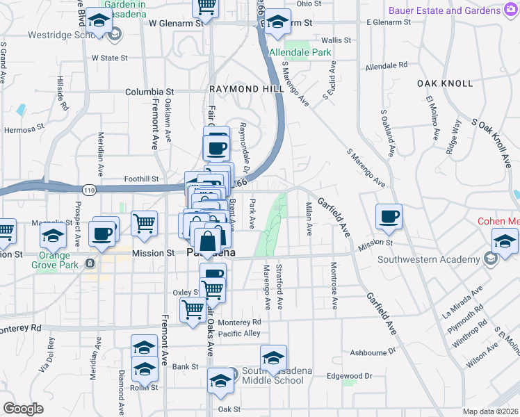 map of restaurants, bars, coffee shops, grocery stores, and more near 716 Park Avenue in South Pasadena